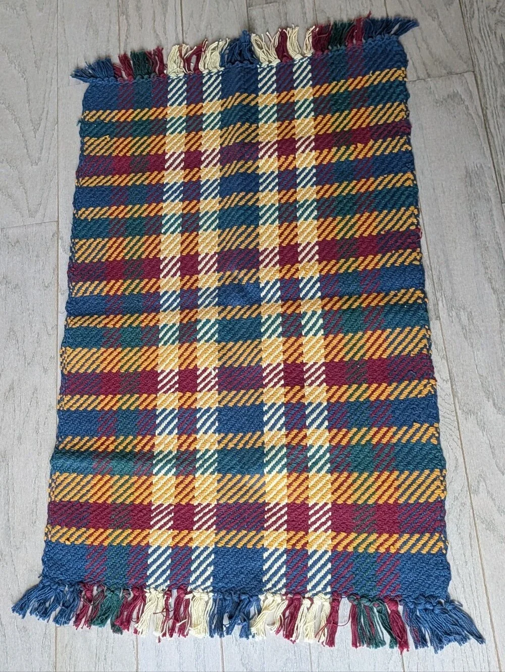 vintage 1990's HANDWOVEN COTTON RUG 90's plaid